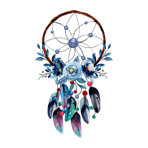 Download Watercolor dream catcher with blue flower and feather | Premium Vector