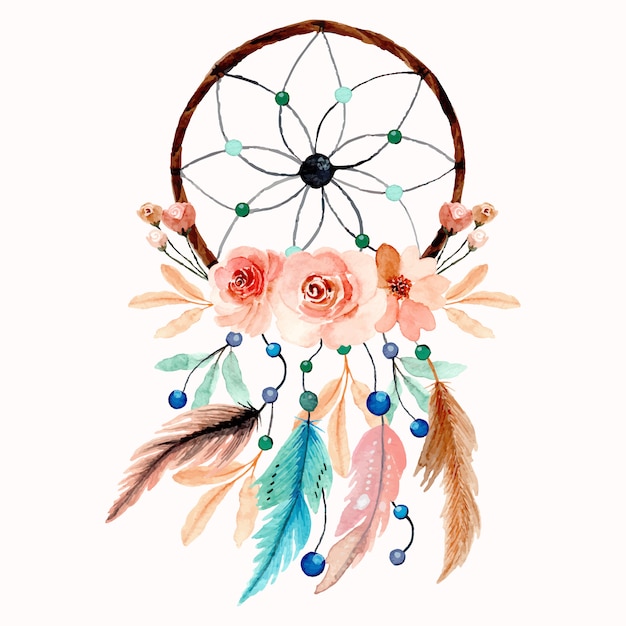 Download Watercolor dream catcher with flower and feather | Premium Vector