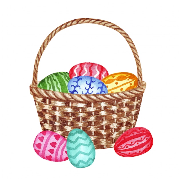 Premium Vector | Watercolor easter basket with eggs.