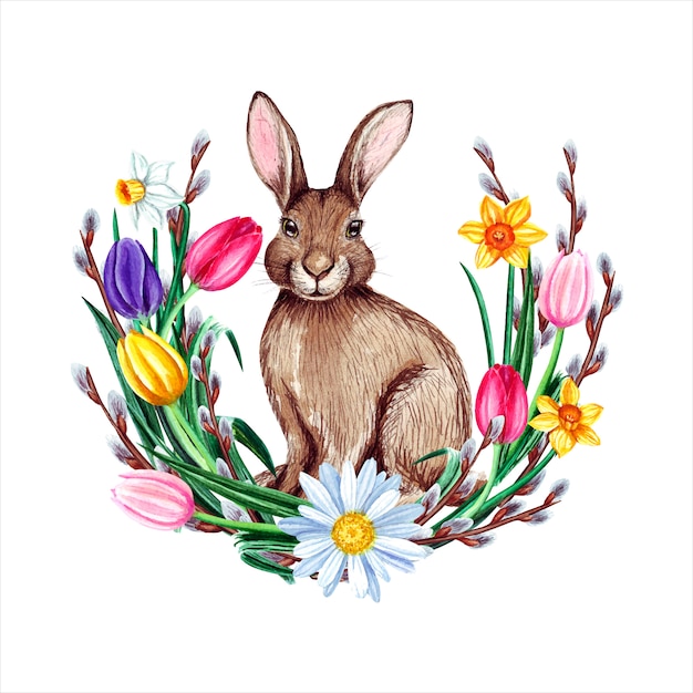 Download Premium Vector | Watercolor easter bunny with flowers and ...