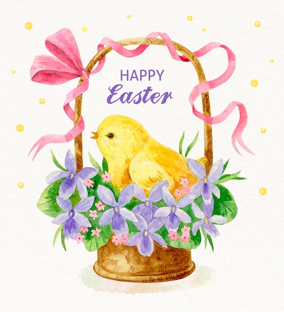 Chick in a Basket - Watercolor easter illustration Free Vector