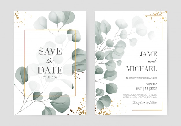 Premium Vector Watercolor Eucalyptus Wedding Invitation Card In Gold Frame With Gold Powder Beautiful White Card Background Set Card Template