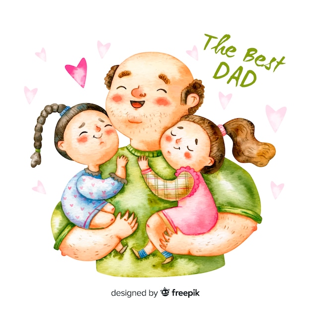 Watercolor father's day Illustration - Dad Carrying Two Daughters Free Vector