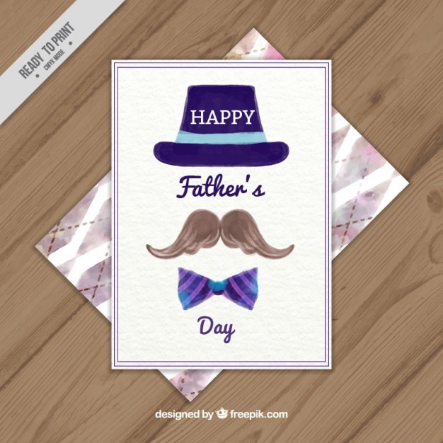 Watercolor father\'s day card with hat,\
moustache and bow tie