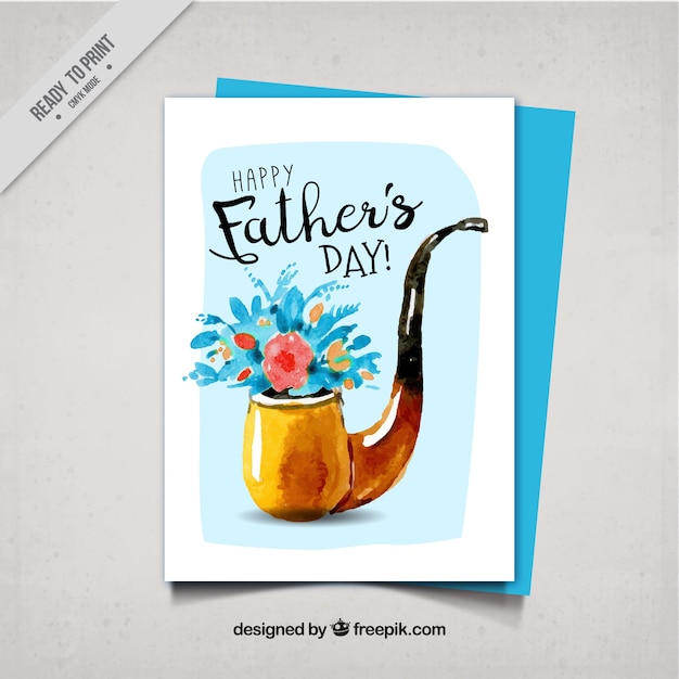 Watercolor father\'s day card with pipe and\
flowers