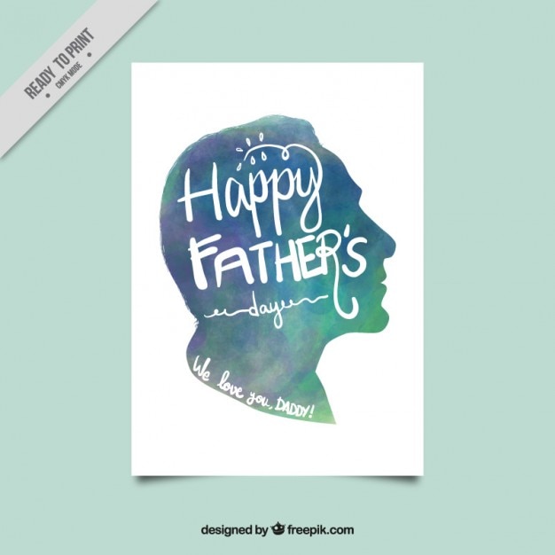 Watercolor father's day card Free Vector - Silhouette of a fathers side profile in blue watercolor with Happy Fathers Day written in it