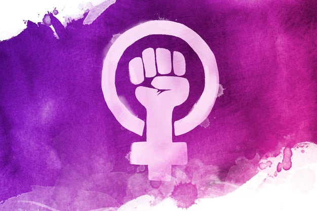 拳と女性のシンボルと水彩フェミニストの旗のイラスト 無料のベクター