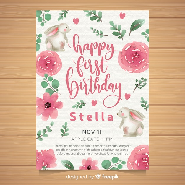 Download Watercolor first birthday party invitation card | Free Vector