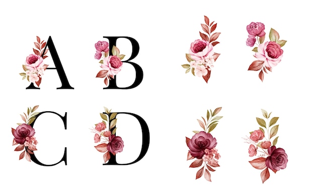 Premium Vector | Watercolor Floral Alphabet Set Of A, B, C, D With Red ...