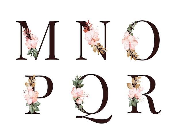 Premium Vector Watercolor Floral Alphabet Set Of M N O P Q R With Red And Brown Flowers And Leaves