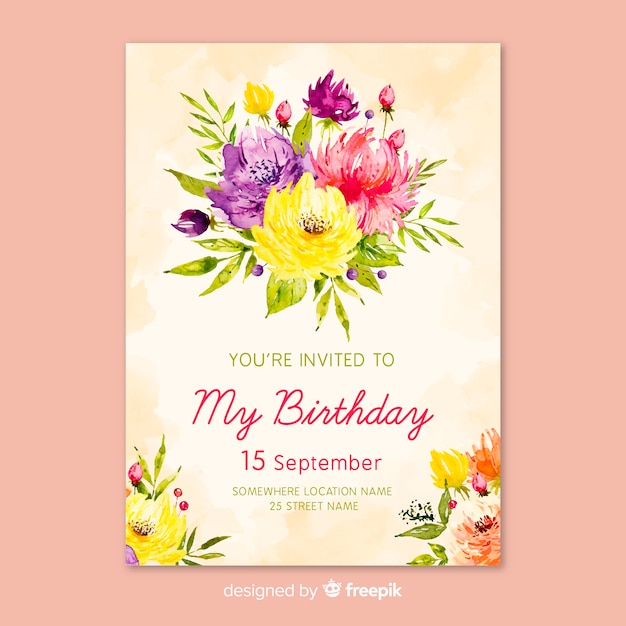 Download Watercolor floral birthday invitation template Vector ...