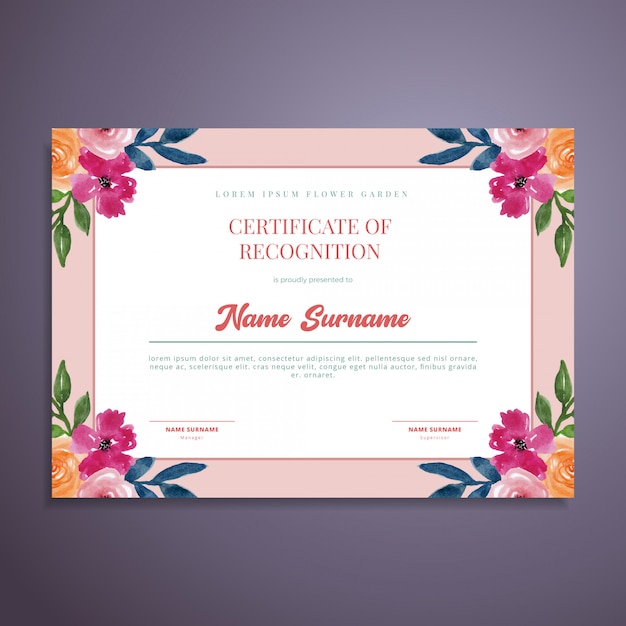 Watercolor floral certificate template design Premium Vector