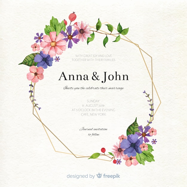 Watercolor floral frame wedding invitation Free Vector