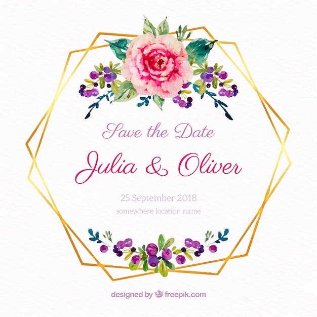 Download Watercolor floral frame with golden lines Vector | Free ...