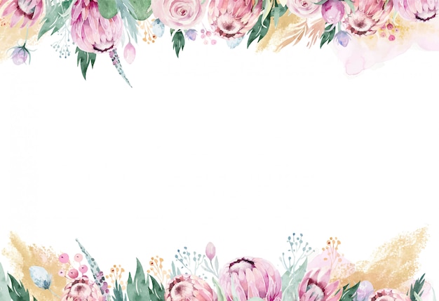 Watercolor Floral Frame With Pink Protea Premium Vector