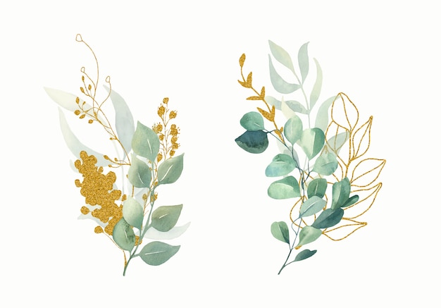  Watercolor floral green and gold leaf bouquets. Premium Vector
