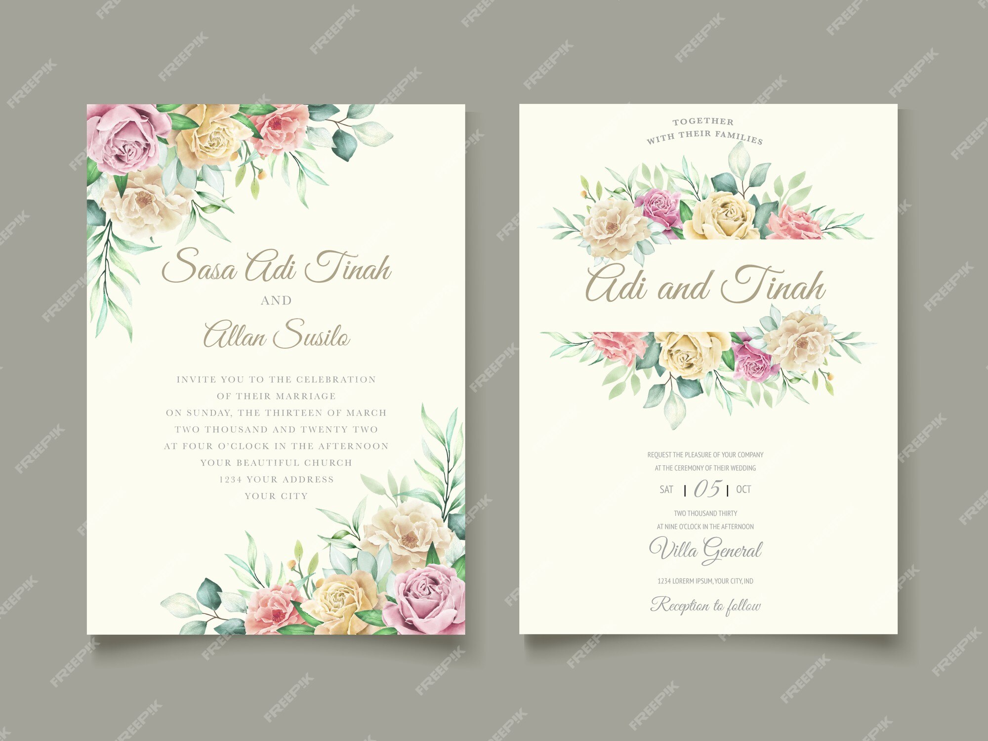 Free Vector | Watercolor floral and leaves wedding invitation card set