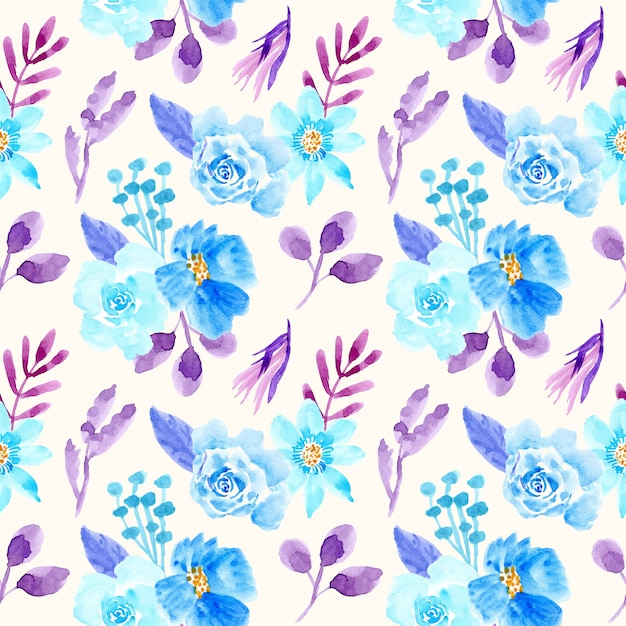 水彩花柄シームレスパターン青と紫 プレミアムベクター