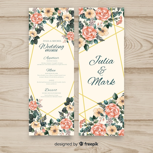 Watercolor floral wedding menu template Free Vector