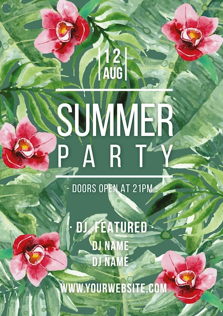 Watercolor flowers summer party flyer