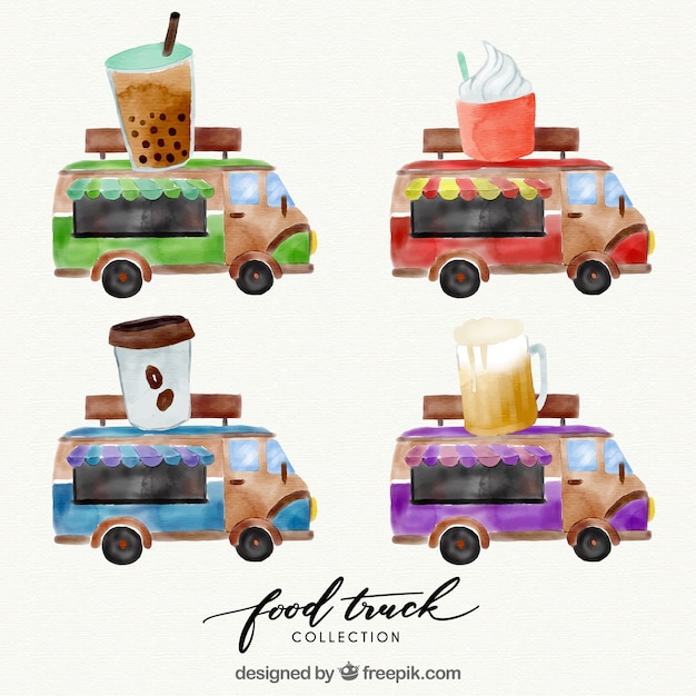 Watercolor food trucks with drinks