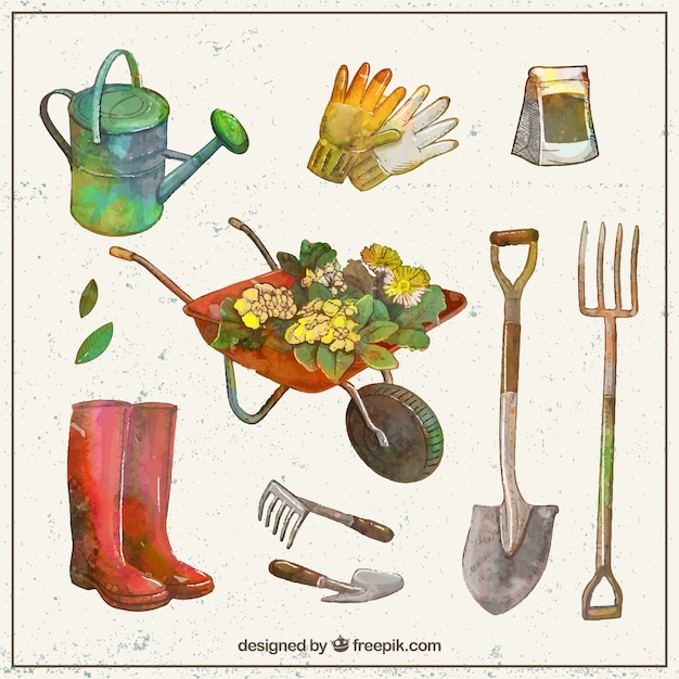 Watercolor Gardening Tools Collection Free Vector