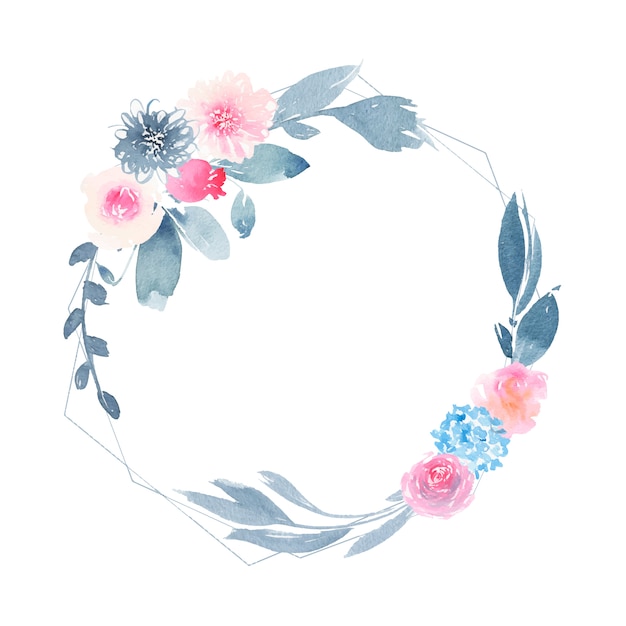 Download Watercolor geometric round wreath with flower pink rose ...