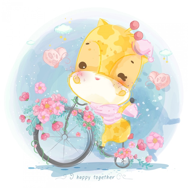 Download Watercolor giraffe on a bike with flowers Vector | Premium ...
