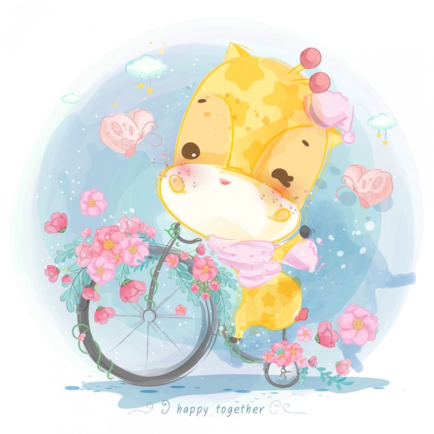 Download Watercolor giraffe on a bike with flowers Vector | Premium Download