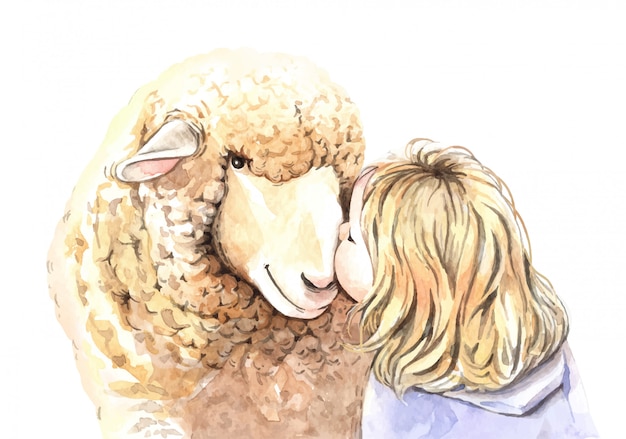 水彩画の女の子は羊のイラストにキスします プレミアムベクター