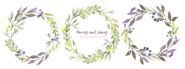 Premium Vector | Watercolor greenery wreath, purple and green tints ...