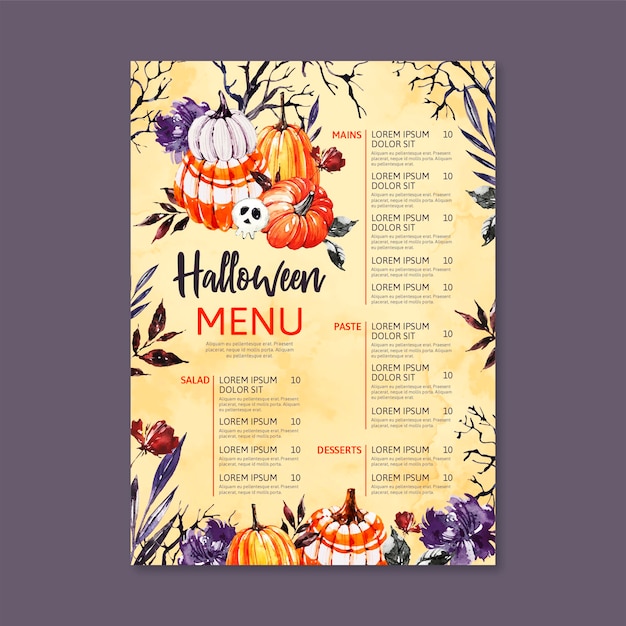 Free Vector Watercolor halloween menu template with pumpkins