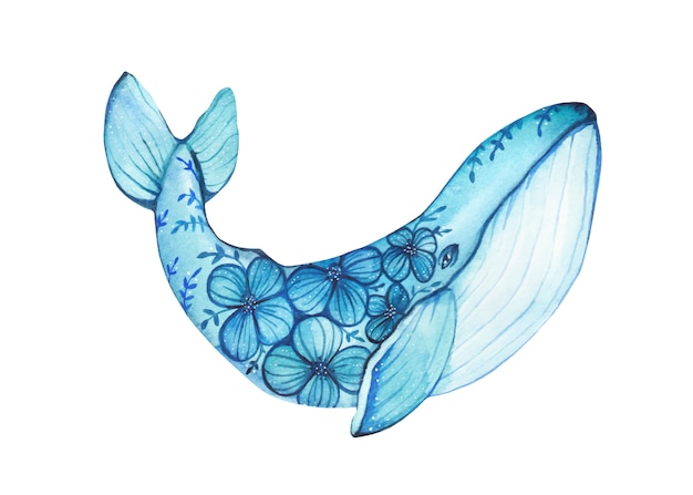 塗装の花と水彩の手描きのザトウクジラのイラスト プレミアムベクター