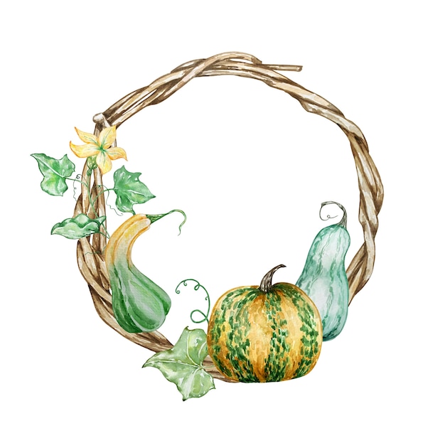 水彩の手描きの秋の枝の花輪 カボチャ 葉 花と木製の花輪 秋のイラスト プレミアムベクター