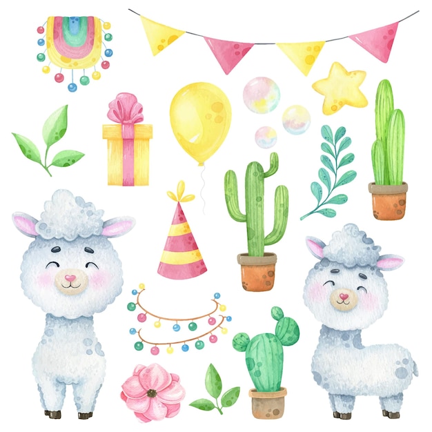 Premium Vector | Watercolor Happy Llama Clip Art Set