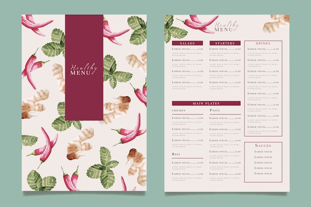 Watercolor healthy food restaurant menu template Free Vector