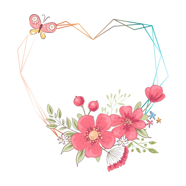 Watercolor heart frame with flowers and copyspace. hand ...