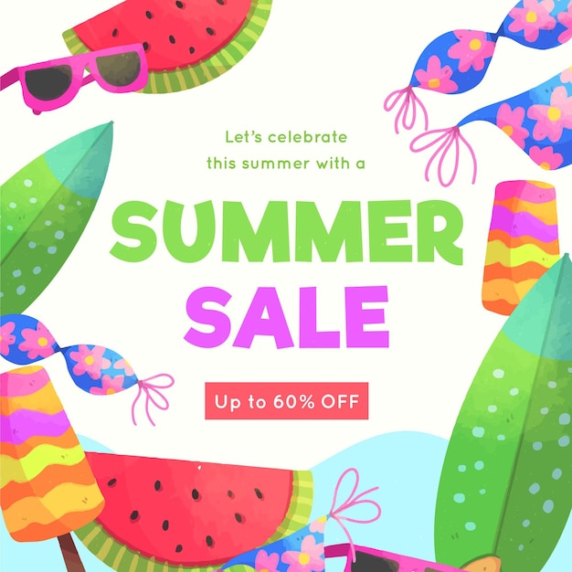 Download Free Vector | Watercolor hello summer sale with watermelon