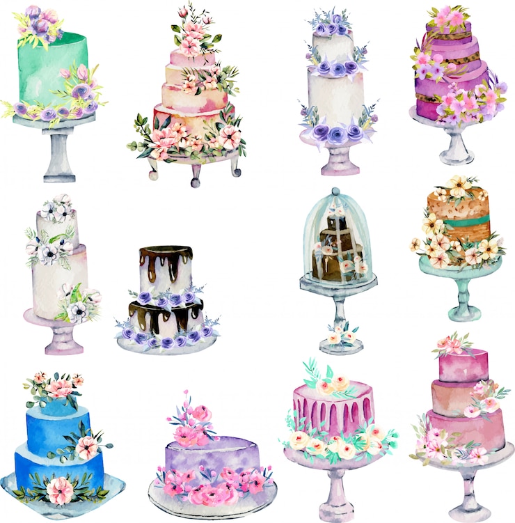  Watercolor holiday wedding cakes illustration Premium Vector