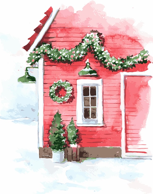 クリスマスの水彩家の窓のイラスト プレミアムベクター