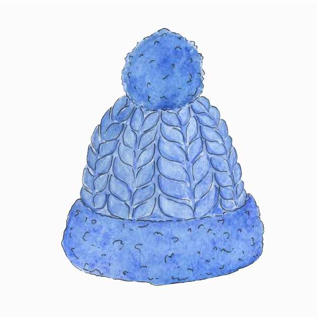 Premium Vector | Watercolor illustration of a blue hat with a pompom.