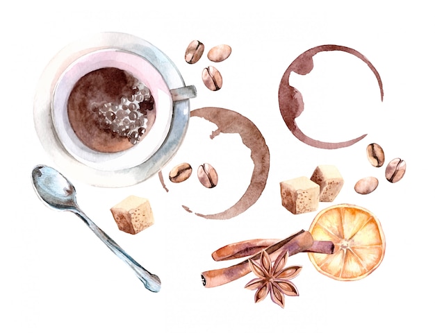 Premium Vector Watercolor Illustration Of Cozy Coffee Set With Cup Spoon And Coffee Beans