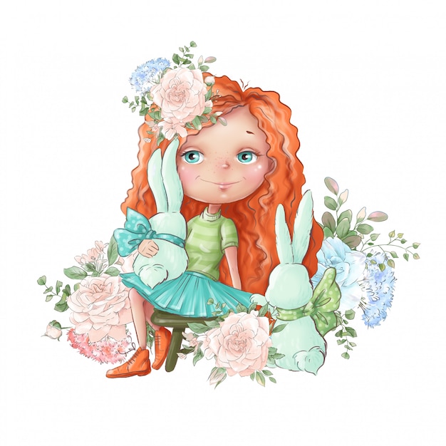 水彩イラスト繊細なバラの花とかわいい漫画の女の子 プレミアムベクター