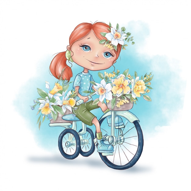 水彩イラスト春の花とかわいい漫画の女の子 プレミアムベクター