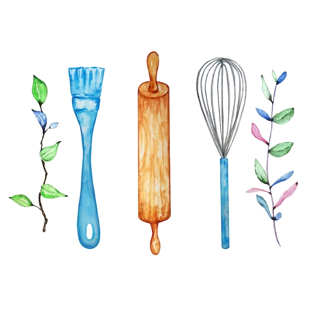 Premium Vector Watercolor Illustration Of A Kitchen Brush Rolling Pin And Whisk