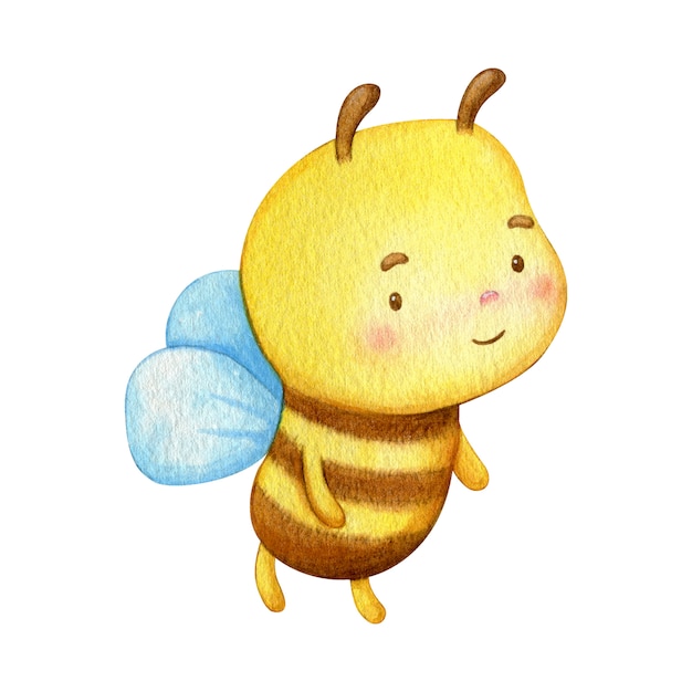 蜂のキャラクターの水彩イラスト 空飛ぶ昆虫の笑顔は元気です プレミアムベクター