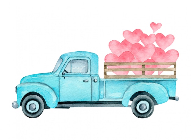 分離されたピンクのハートの青いピックアップトラックの水彩イラスト バレンタインデーのトラック プレミアムベクター
