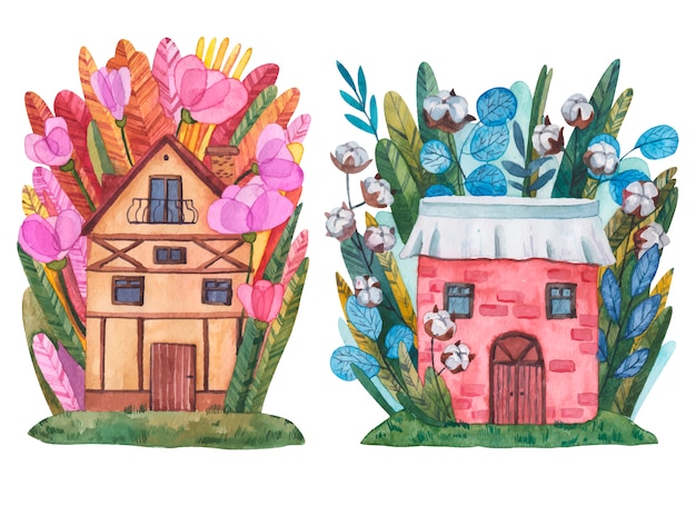 缶フラワーハウスの水彩イラスト 花のスイートホーム ポストカード マグネット その他のお土産のイラスト プレミアムベクター