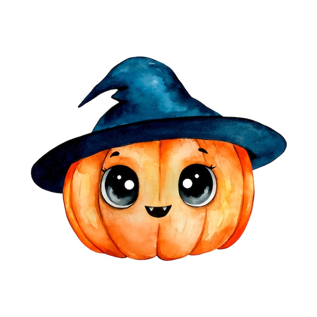 プレミアムベクター 分離されたウィザード帽子でかわいい漫画ハロウィンかぼちゃの水彩イラスト