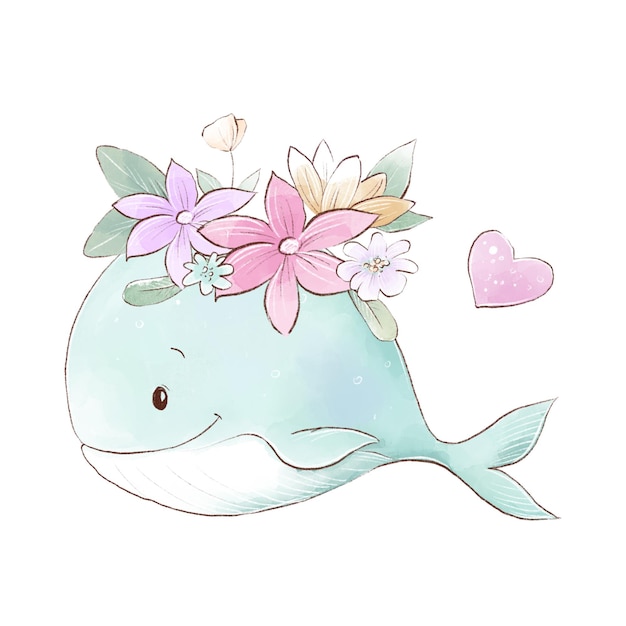 繊細な花とかわいい漫画のクジラの水彩イラスト プレミアムベクター